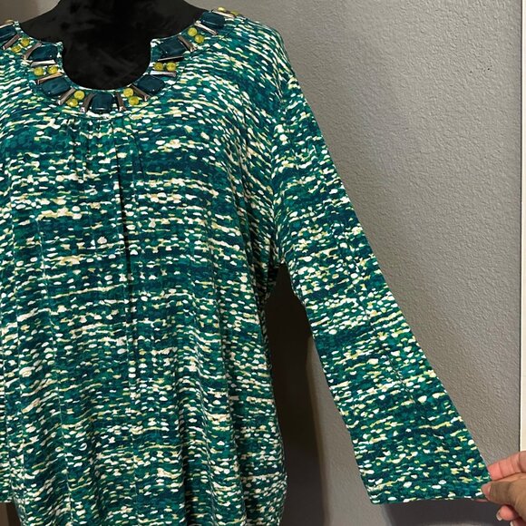 Ruby Rd Blouse XL Green Yellow Beaded Neckline 3/4 Sleeve Stretch Top Boho Print - Picture 3 of 8